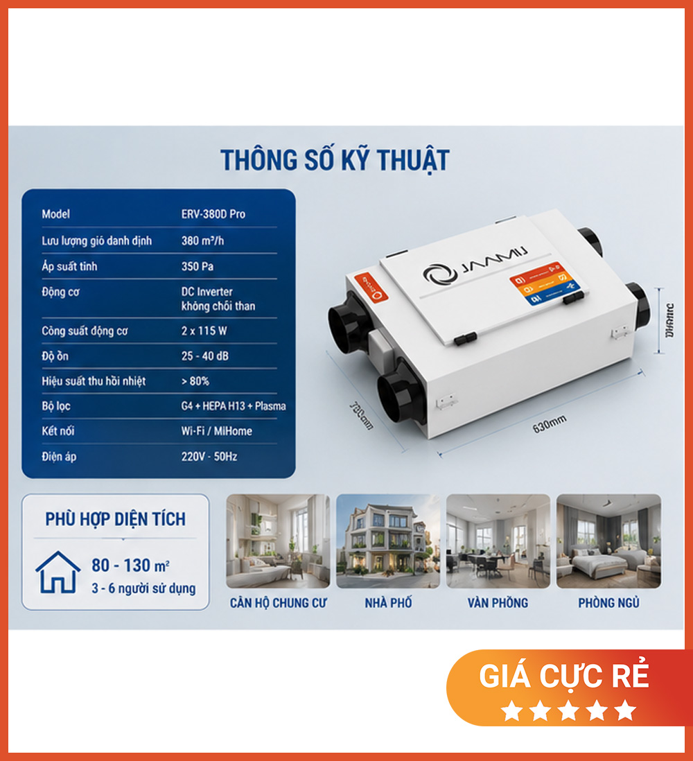 Máy Cấp Khí Tươi 2 Chiều JaamiJ ERV-380D Pro